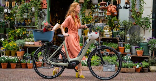 Kvinna leder cykel vid blombutik (Batavus)