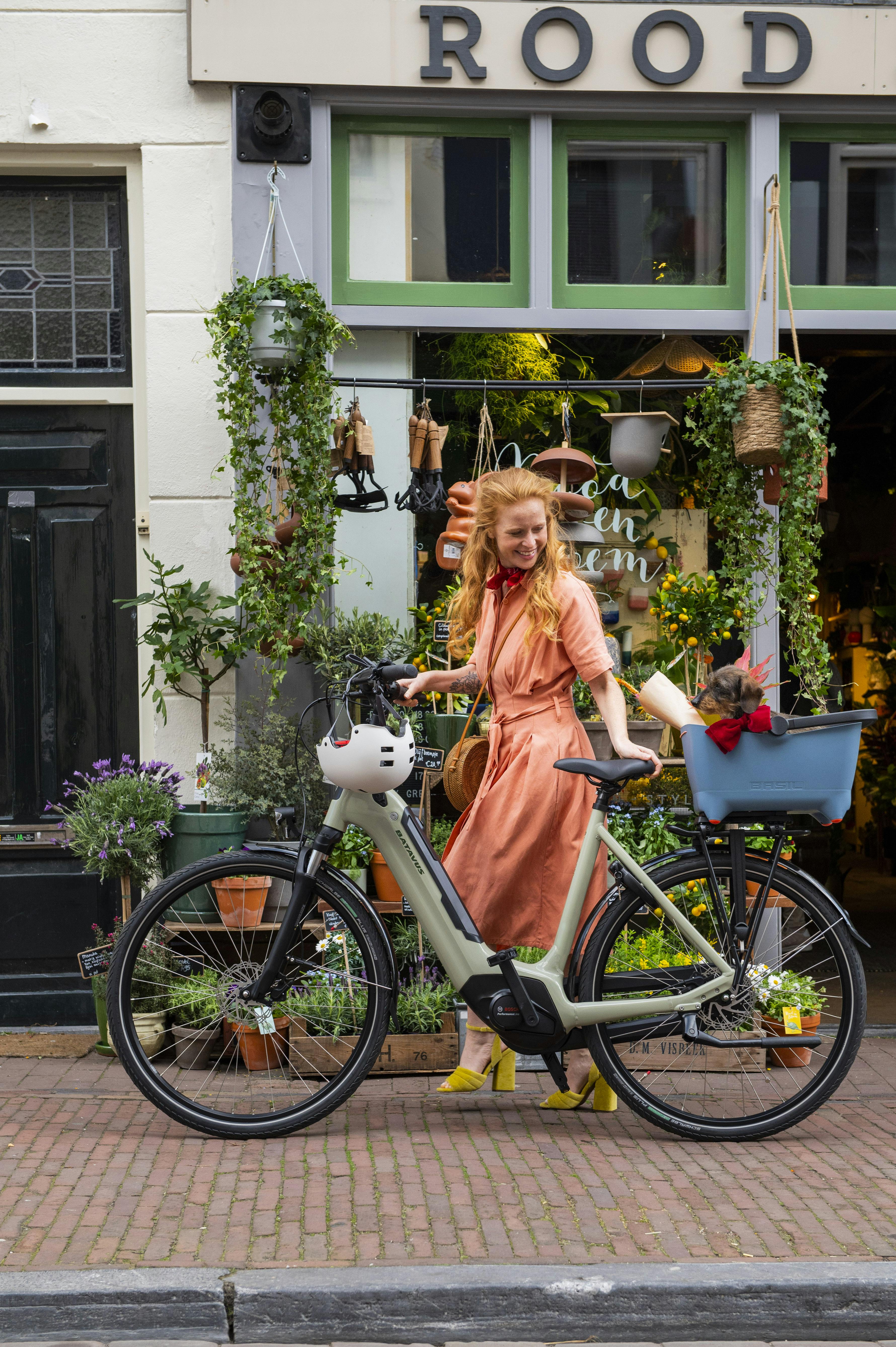 Kvinna leder cykel med hund